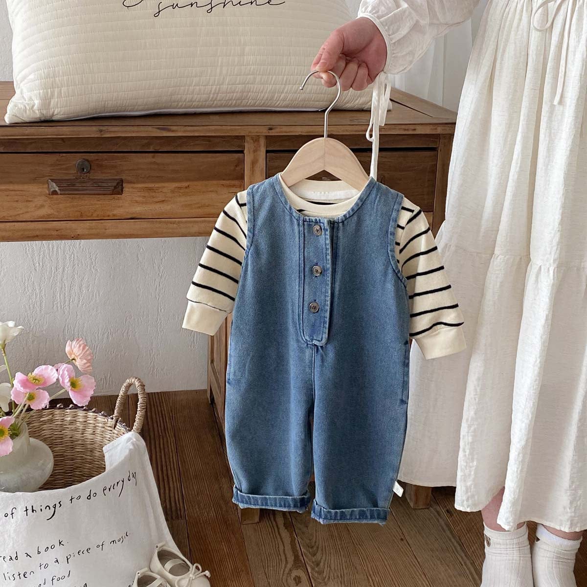 長袖セットアップ ノースリーブデニムジャンプスーツ/長袖ボーダーTシャツ【mh0010925】