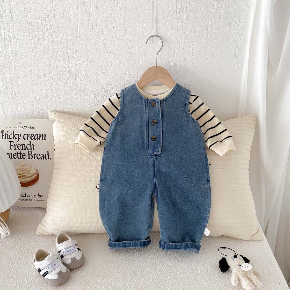 長袖セットアップ ノースリーブデニムジャンプスーツ/長袖ボーダーTシャツ【mh0010925】