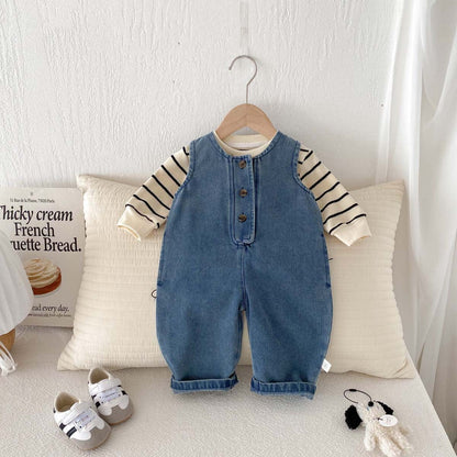 長袖セットアップ ノースリーブデニムジャンプスーツ/長袖ボーダーTシャツ【mh0010925】