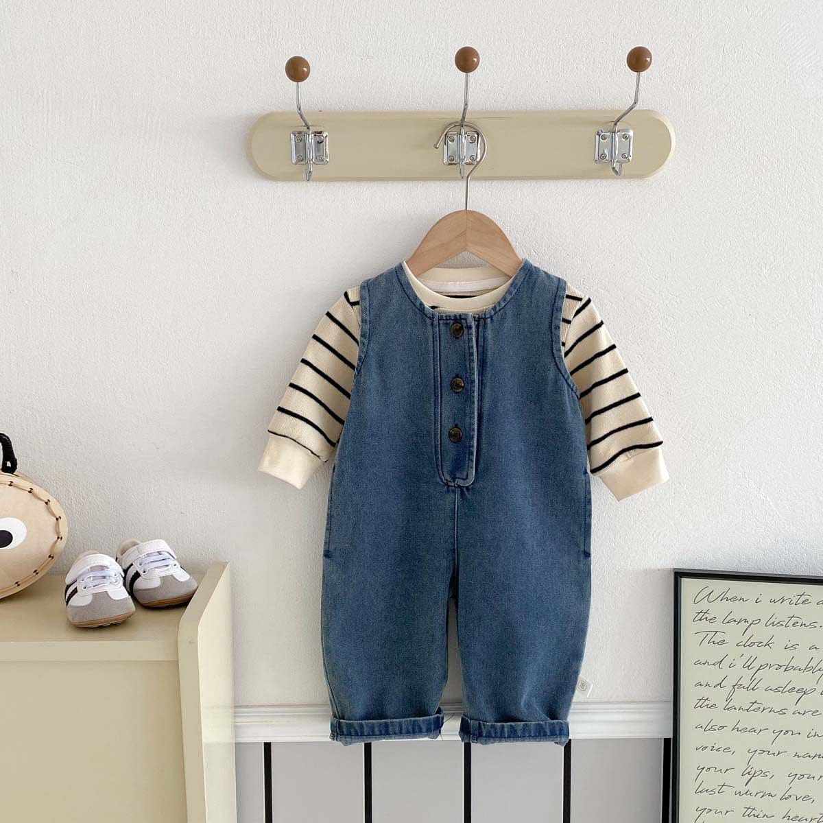 長袖セットアップ ノースリーブデニムジャンプスーツ/長袖ボーダーTシャツ【mh0010925】