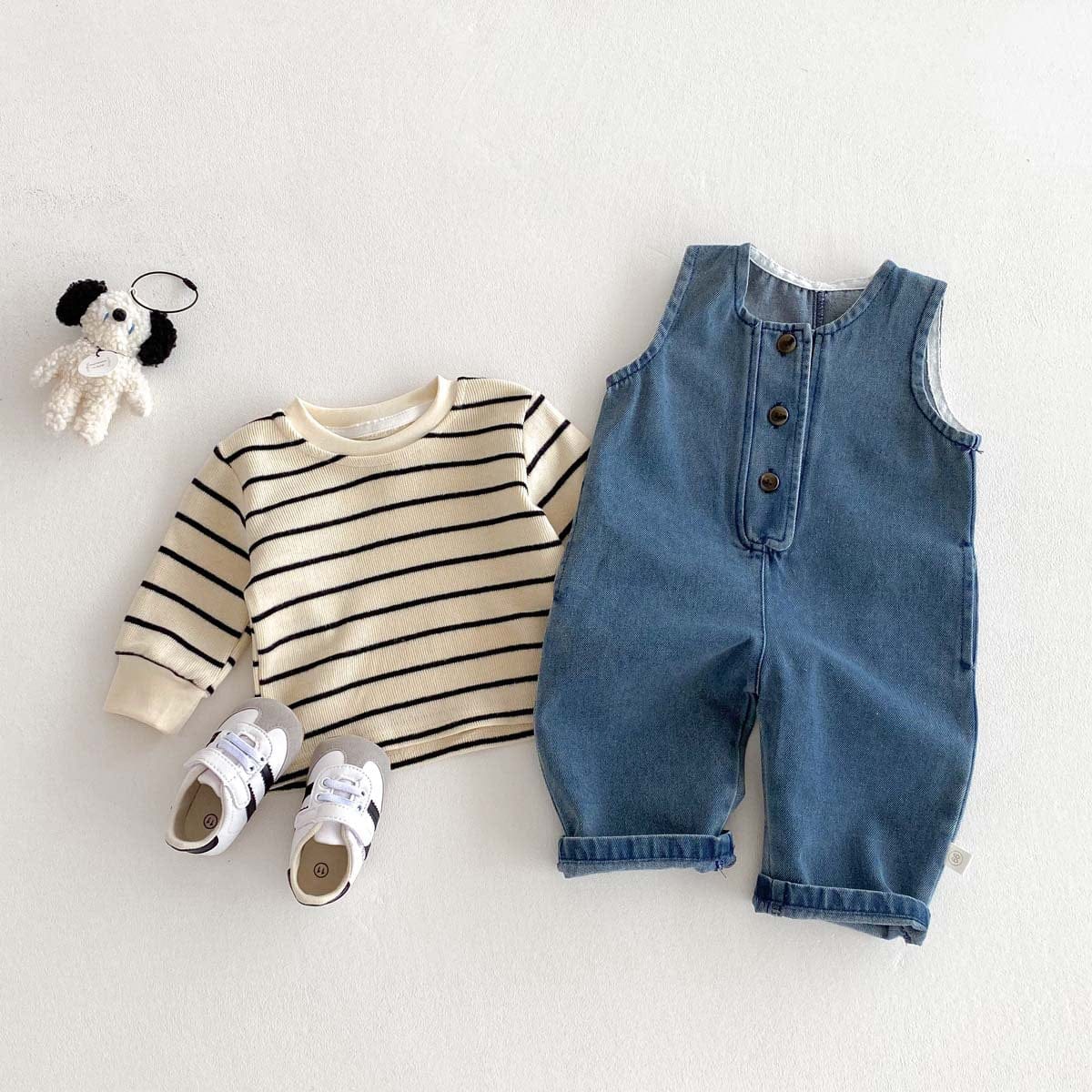 長袖セットアップ ノースリーブデニムジャンプスーツ/長袖ボーダーTシャツ【mh0010925】