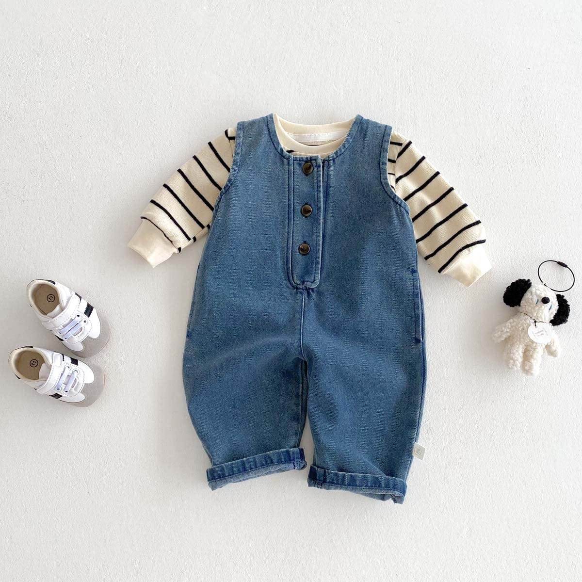 長袖セットアップ ノースリーブデニムジャンプスーツ/長袖ボーダーTシャツ【mh0010925】