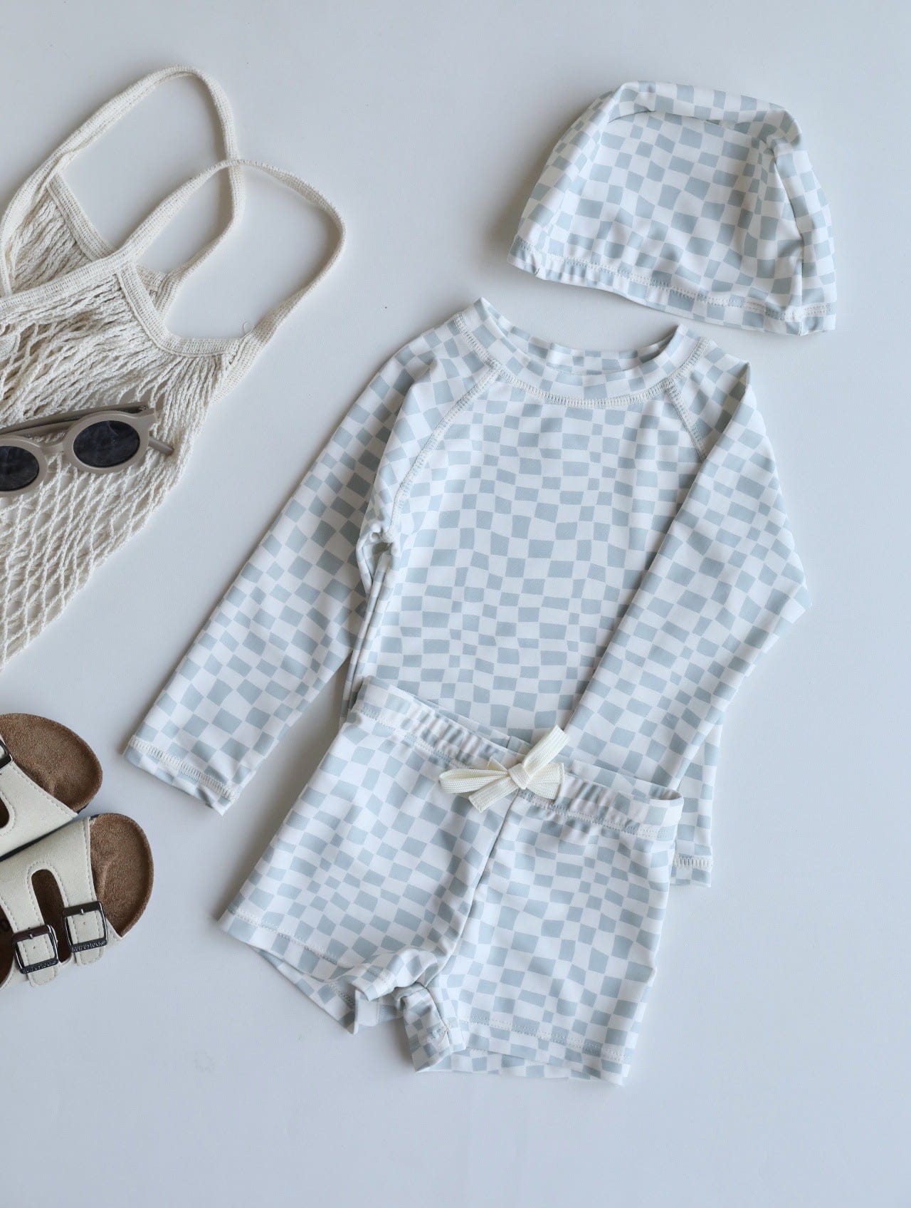 ベビー用水着 The split swimsuit is full of printed checks / 80 キッズ水着 ボーイズ セパレートスイムウェア 帽子セット【mh0009083】