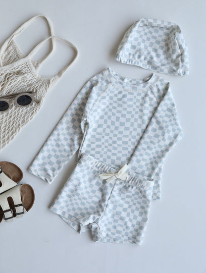 ベビー用水着 The split swimsuit is full of printed checks / 80 キッズ水着 ボーイズ セパレートスイムウェア 帽子セット【mh0009083】