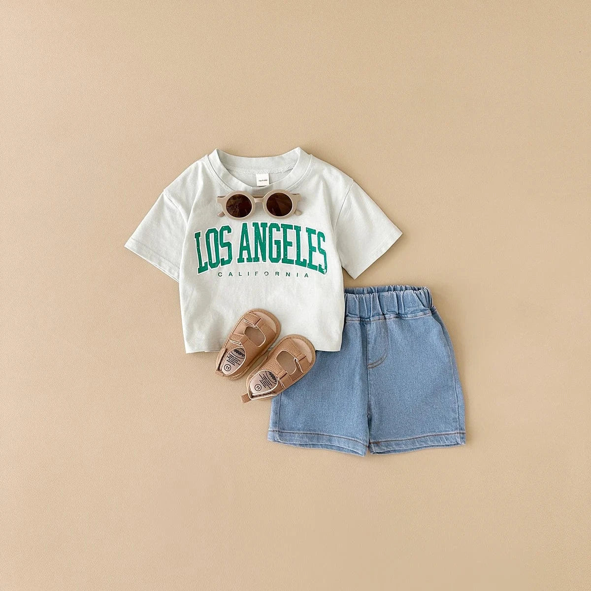 半袖セットアップ Turquoise / 6-9M 66cm ☺︎ ベビーセットアップ 2点セット 半袖Tシャツ+デニムショートパンツ レターロゴプリント