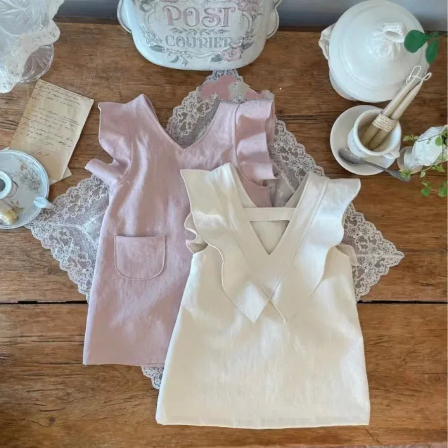 ノースリーブワンピース ベビーワンピース ノースリーブフリルVネックワンピース バックオープン 2カラー【mh0005711】