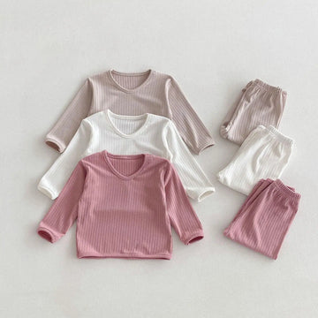 長袖パジャマ ベビーパジャマセット Vネックリブ長袖Tシャツ+ロングパンツ シンプルベーシック ルームウェア 3カラー