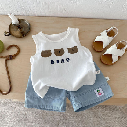 ノースリーブセットアップ vest + jeans / 73cm ベアくまタンクトップ+デニムショートパンツセットアップ 2点セット【mh0009438】