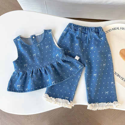 ノースリーブセットアップ vest + jeans / 73cm ドットリボンデニムベスト+パンツセットアップ 2点セット【mh0011020】