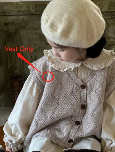 長袖セットアップ vest only / 90cm 1-2y キッズトップス/ベスト/パンツ フリル襟長袖ブラウス/フラワーエンボスレースニットジレベスト/フラワープリントワイドパンツ【mh0007362】