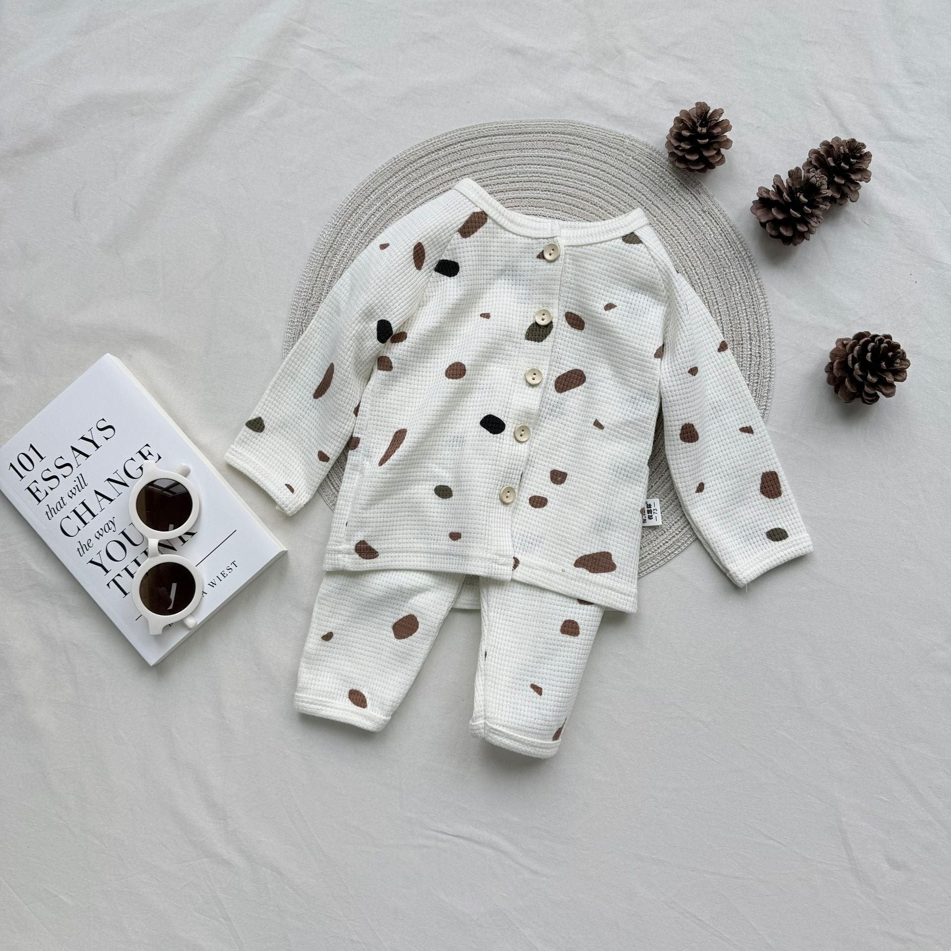 長袖パジャマ waffle print long-sleeved tops pants two-piece suit【mh0009531】