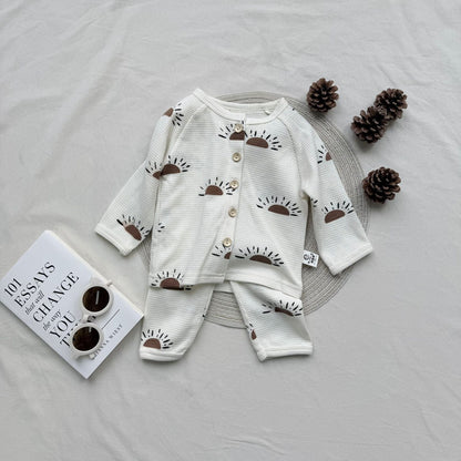 長袖パジャマ waffle print long-sleeved tops pants two-piece suit【mh0009531】