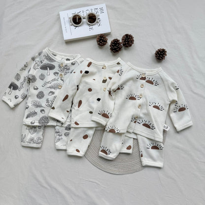 長袖パジャマ waffle print long-sleeved tops pants two-piece suit【mh0009531】