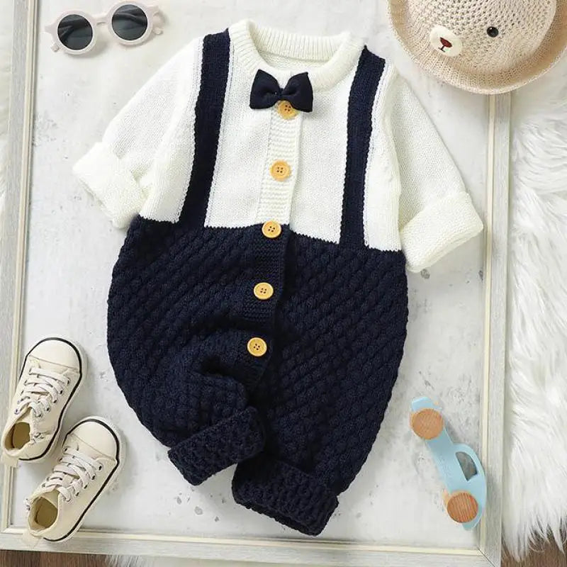 長袖ロンパース white / 1-3M  62cm ベビーロンパース 蝶ネクタイドッキングニット長袖ジャンプスーツ