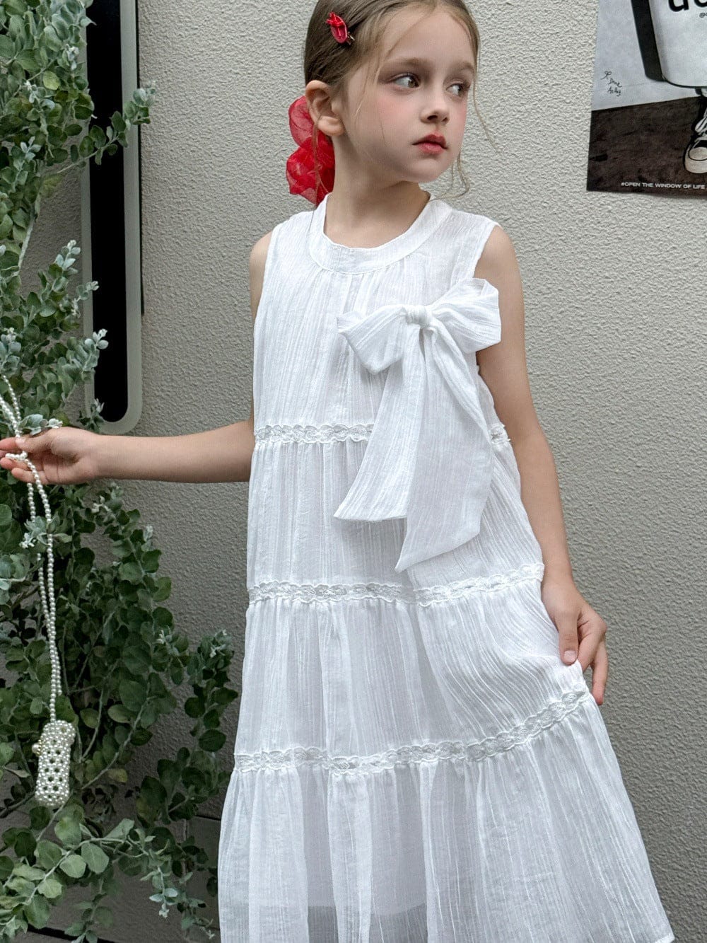 タンクトップ・キャミソール・ノースリーブトップス White / 100cm ビッグリボンノースリーブサマードレスワンピース【mh0010380】