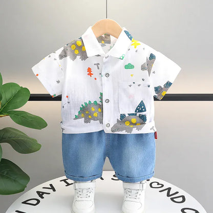 半袖セットアップ White / 12M 80cm キッズセットアップ 2点セット 半袖シャツ+デニムショートパンツ 恐竜ダイナソープリント 2カラー【mh0006520】