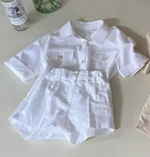 半袖セットアップ white / 12M 80cm キッズセットアップ 2点セット 半袖サファリシャツ+ショートパンツ シンプルベーシック 3カラー