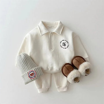 長袖セットアップ White / 12M  80CM キッズセットアップ 2点セット 裏起毛ハーフジップアップスウェットトレーナー+スウェットパンツ 3カラー【mh0007747】