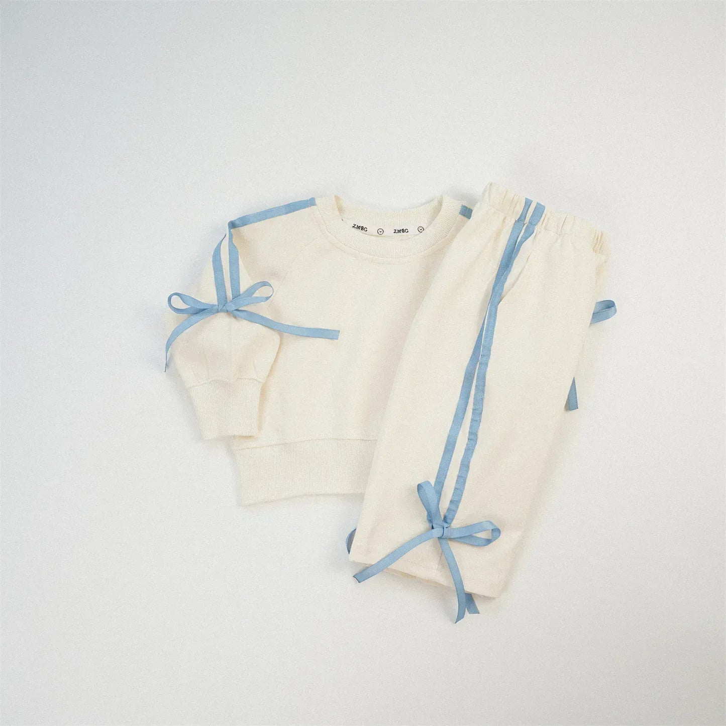 長袖セットアップ White / 12M  80CM キッズセットアップ 2点セット スウェット ジャージ リボンライン 長袖スウェットシャツ+ロングパンツ 4カラー【mh0006347】