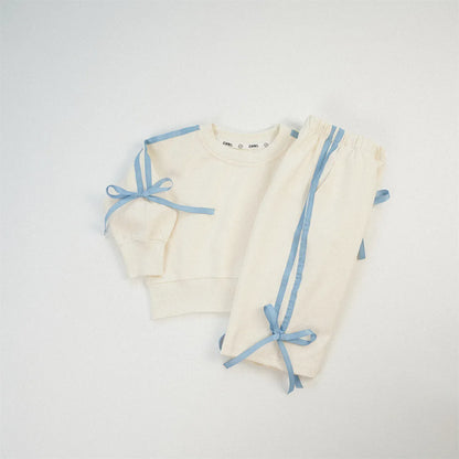 長袖セットアップ White / 12M  80CM キッズセットアップ 2点セット スウェット ジャージ リボンライン 長袖スウェットシャツ+ロングパンツ 4カラー【mh0006347】