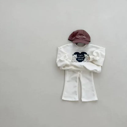長袖セットアップ White / 12M  80CM キッズセットアップ 2点セット ベアくまハートプリント長袖スウェットシャツ+フレアロングパンツ【mh0008587】