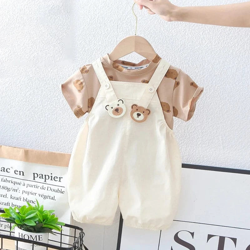 半袖セットアップ White / 12M 80cm キッズセットアップ 2点セット 半袖Tシャツ+オーバーオール ベアくま 2カラー【mh0006526】