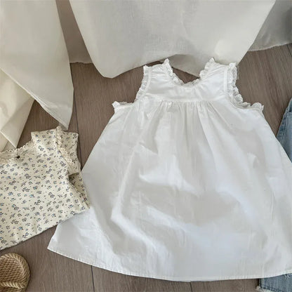 ノースリーブワンピース white / 18M (80) キッズワンピース ノースリーブ レース縁取り シンプルワンピ ホワイト