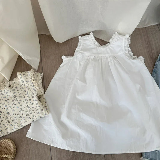 ノースリーブワンピース white / 18M (80) キッズワンピース ノースリーブ レース縁取り シンプルワンピ ホワイト