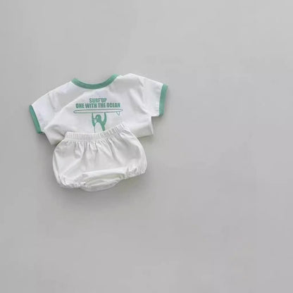 半袖セットアップ White / 24M  90CM ベビーセットアップ 2点セット 半袖Tシャツ+ブルマパンツ ペンギンサーファー 2カラー【mh0004983】