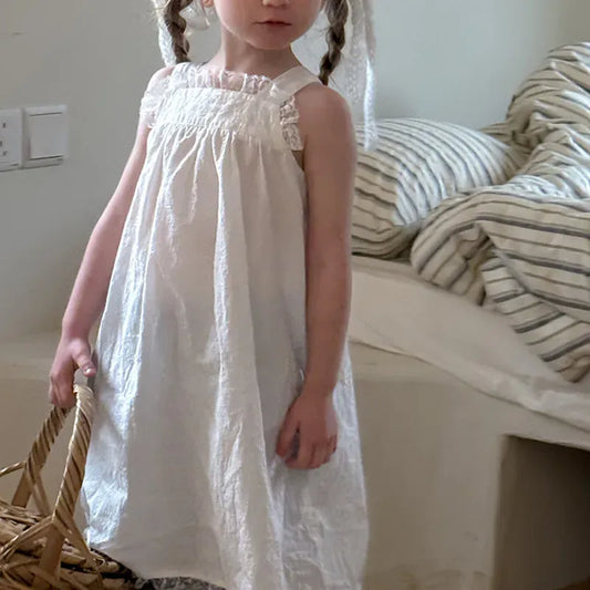 ノースリーブワンピース White / 2T (90) キッズワンピース レースフリルサスペンダードレスワンピース【mh0008669】