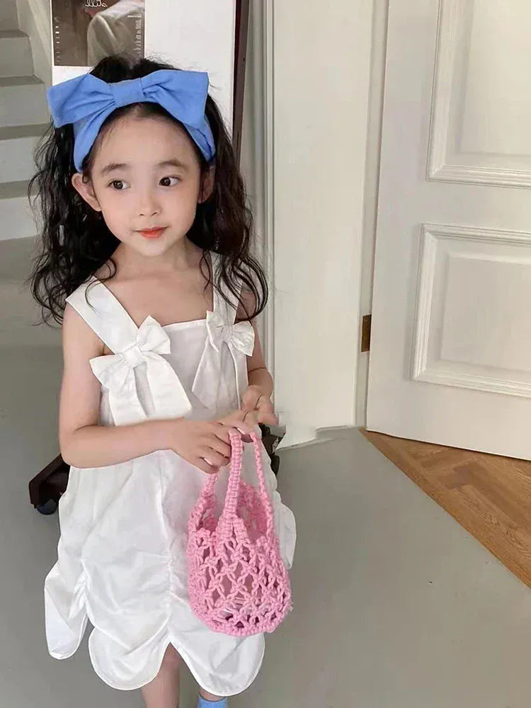 ノースリーブワンピース White / 2T 90cm キッズワンピース キャミソールリボンドレス イレギュラースカート 2カラー【mh0005652】