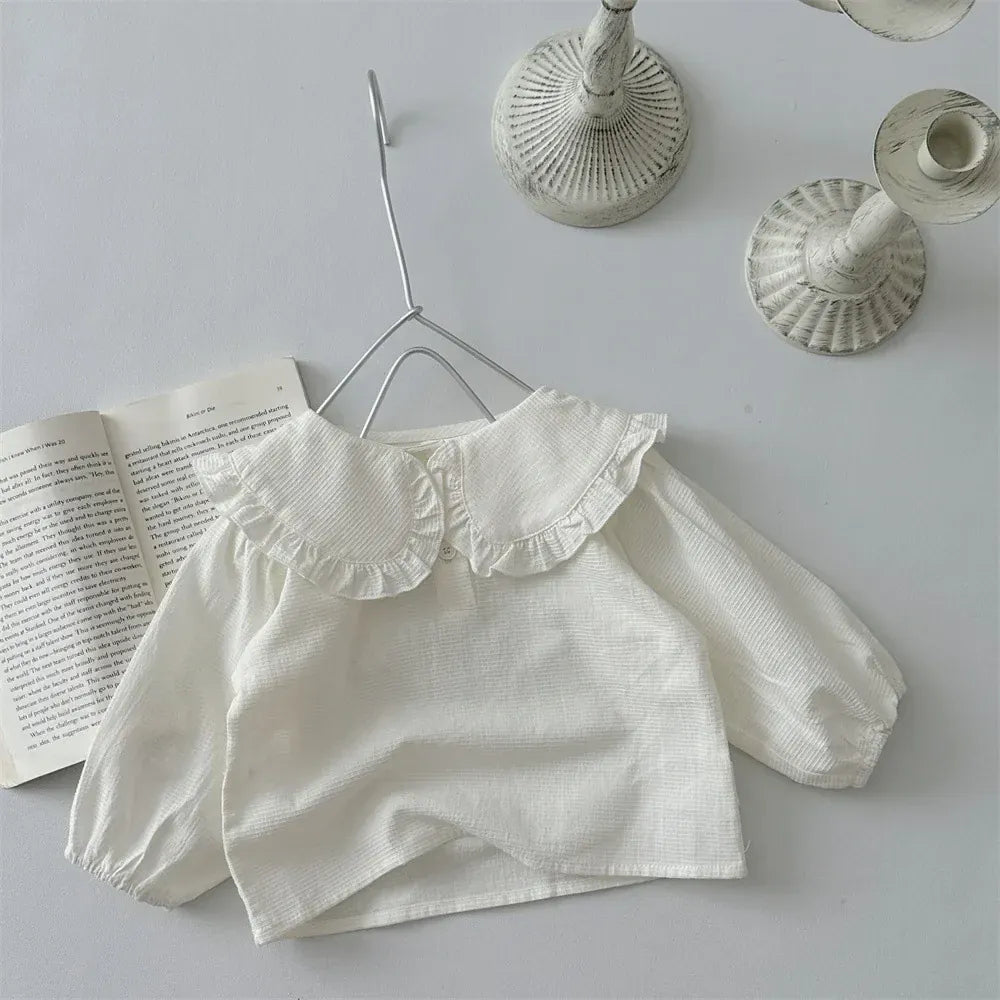 長袖シャツ・ブラウス White / 3-6M  66cm ベビートップス 長袖ビッグ襟ブラウス Tシャツ フラワー小花柄/無地 3カラー【mh0006391】