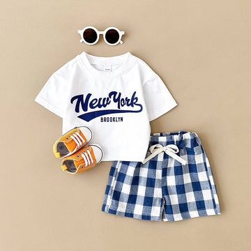 半袖セットアップ White / 6-9M 66cm ベビーセットアップ 2点セット 半袖プリントTシャツ+チェックショートパンツ 3カラー【mh0005631】