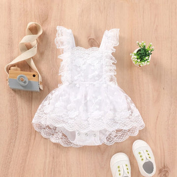 ノースリーブロンパース White / 60cm ベビー レース フリル ノースリーブ ワンピース スカート ロンパース ドレス ベージュ ホワイト ガールズ【mh0002404】