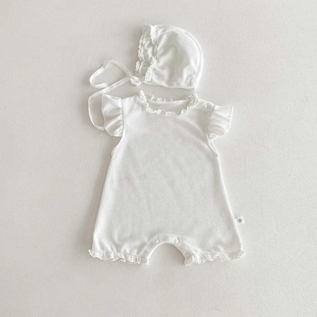 半袖ロンパース white / 66cm ☺︎ ベビー フリル スタンドカラー ショート フリルスリーブ ロンパース ボンネット セット ホワイト ベージュ ガールズ