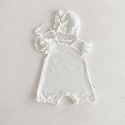 半袖ロンパース white / 66cm ☺︎ ベビー フリル スタンドカラー ショート フリルスリーブ ロンパース ボンネット セット ホワイト ベージュ ガールズ