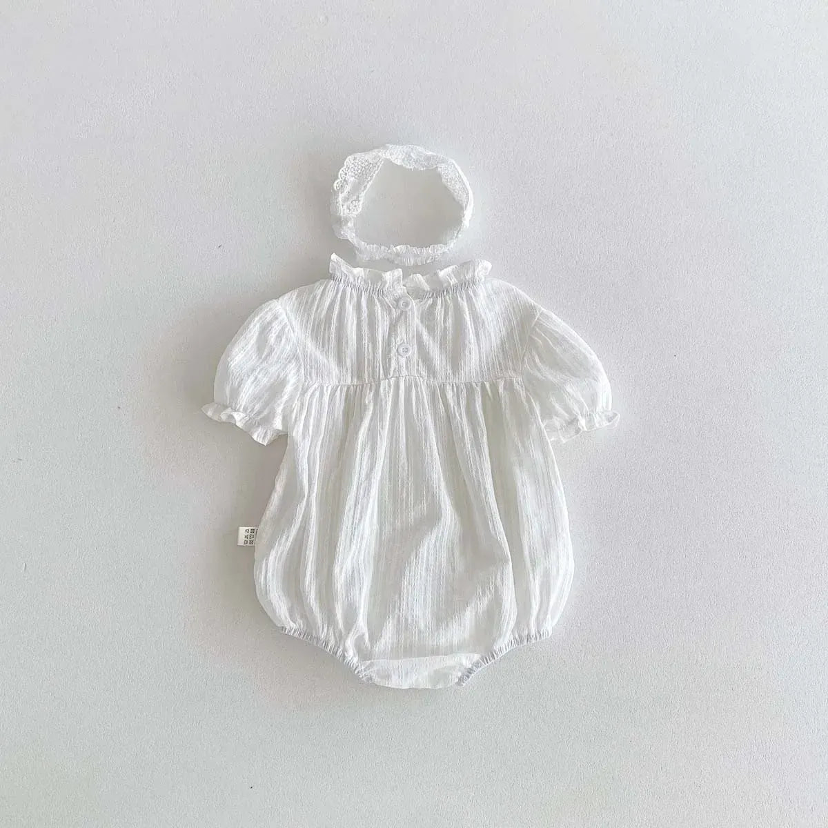 半袖ロンパース White / 66cm 0-6m ベビーロンパース 半袖パフスリーブボディスーツ ヘアバンドセット ホワイト/フラワー花柄プリント