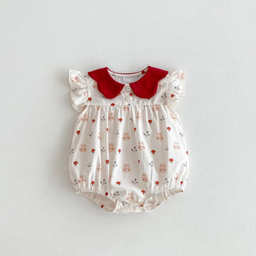 半袖ロンパース White / 66cm 0-6m ベビーロンパース 半袖フリルボディスーツ うさぎバニープリント【mh0005095】