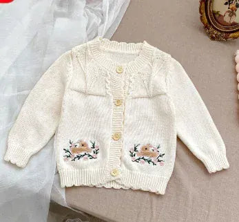 カーディガン・パーカー White / 66cm 0-6m ベビーカーディガン/トップス うさぎラビット刺繍長袖ニットジャケット/ラッフル襟長袖Tシャツ【mh0007461】