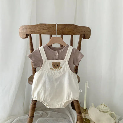 ロンパースセットアップ White / 66cm ベビーセットアップ 2点セット 半袖Tシャツ+サスペンダーロンパース オーバーオール ベアくまワッペン 2カラー【mh0004491】