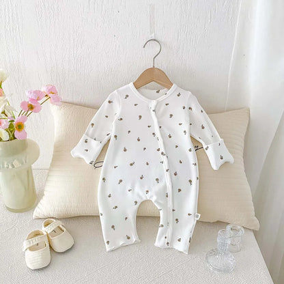 長袖ロンパース White / 66cm ベビーロンパース フラワー小花柄プリント長袖肌着ボディスーツ【mh0008520】