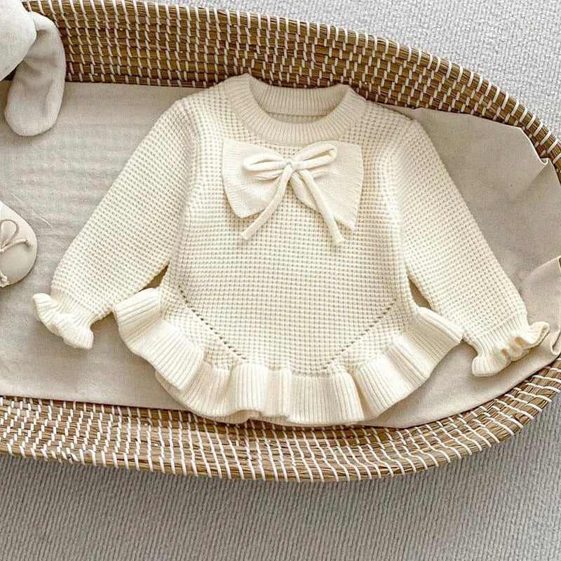 長袖ロンパース White / 66cm ベビーロンパース リボンフリルミニスカートニット長袖ボディスーツ【mh0008548】