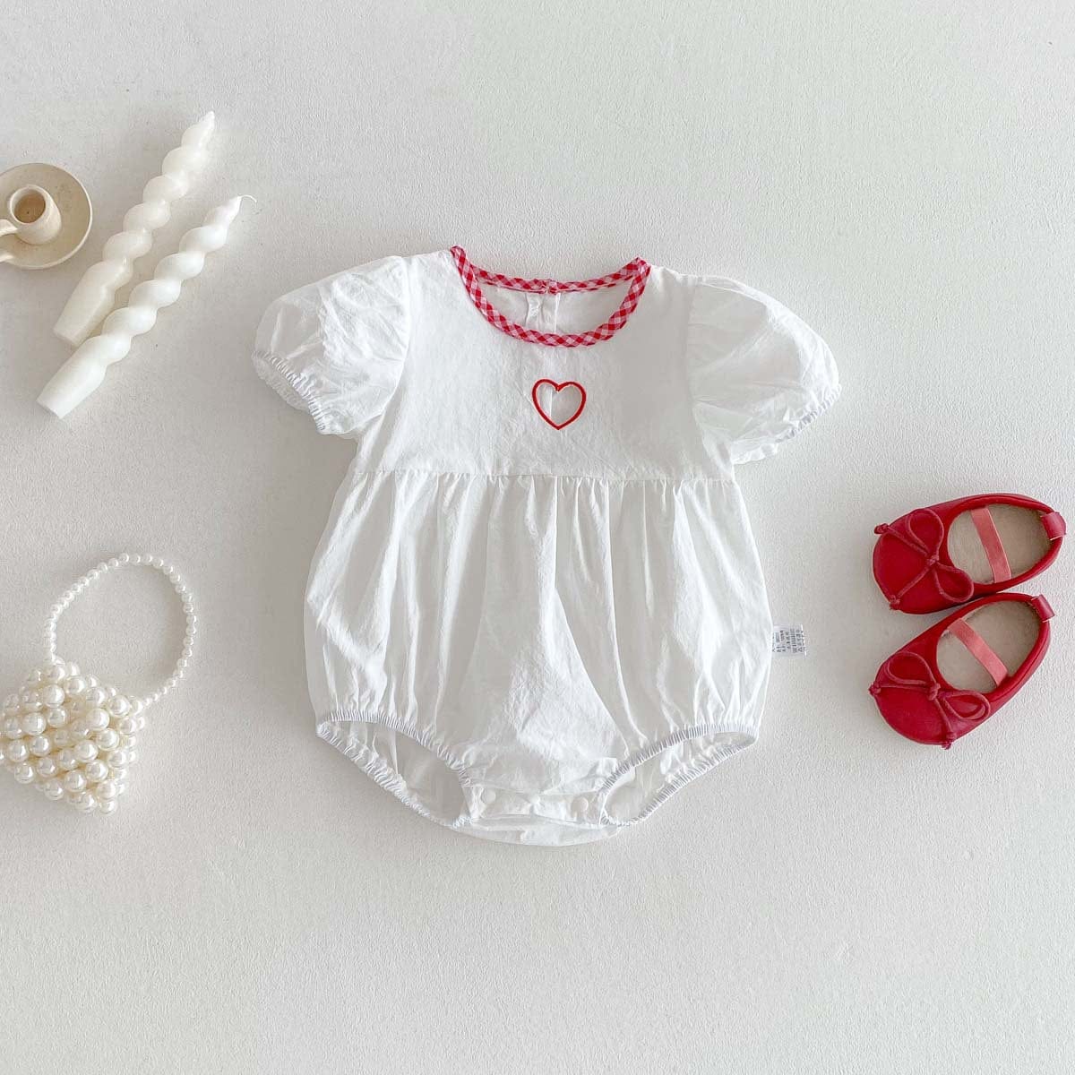 半袖ロンパース White / 66cm オープンハートチェックバイピング半袖ロンパース【mh0009758】