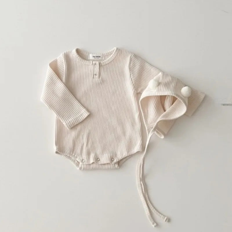 長袖ロンパース White / 6M  66CM ベビー長袖ロンパース ボンネットセット 帽子セット ピンクボーダー ホワイト無地 2カラー ユニセックス 男の子 女の子 子供服【mh0003316】