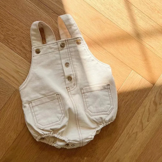 ノースリーブロンパース White / 6M 66cm ベビーロンパース デニムオーバーオール サスペンダーボディスーツ フロントボタン 2カラー【mh0006070】