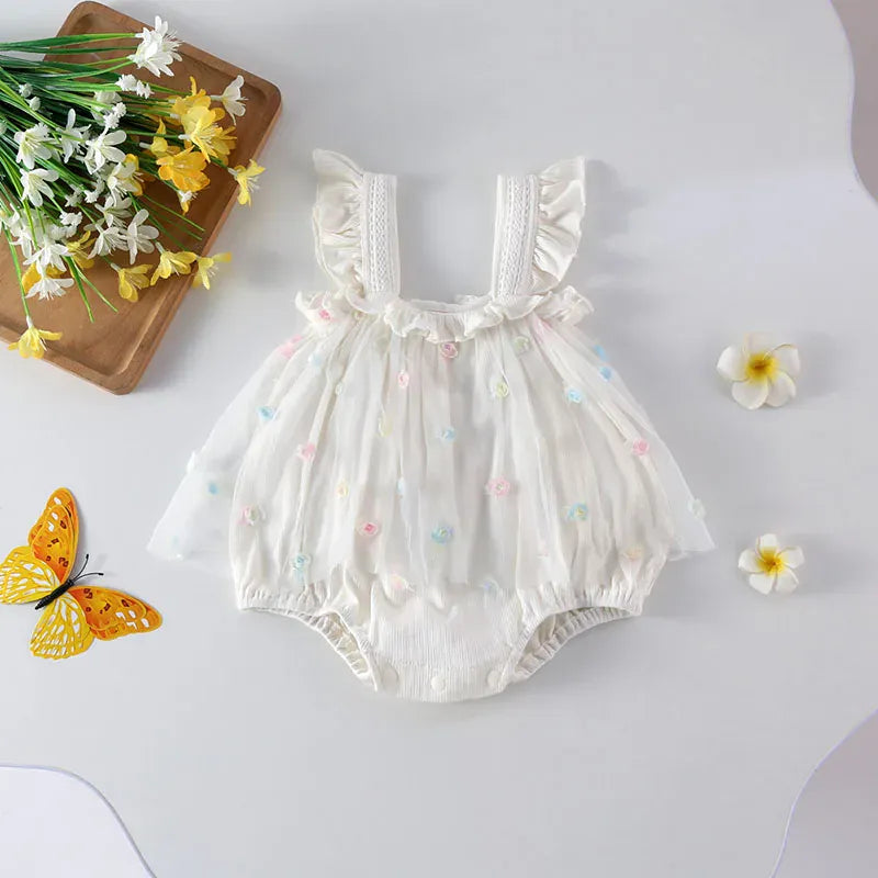 ノースリーブロンパース White / 6M 66cm ベビーロンパース キャミソールチュチュチュールスカートボディスーツ フラワー刺繍 2カラー【mh0006171】