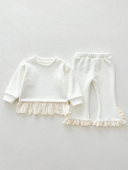 長袖セットアップ White / 6M  66CM キッズセットアップ 2点セット ペプラムレースフリル長袖Tシャツ+裾レースロングフレアパンツ【mh0008503】