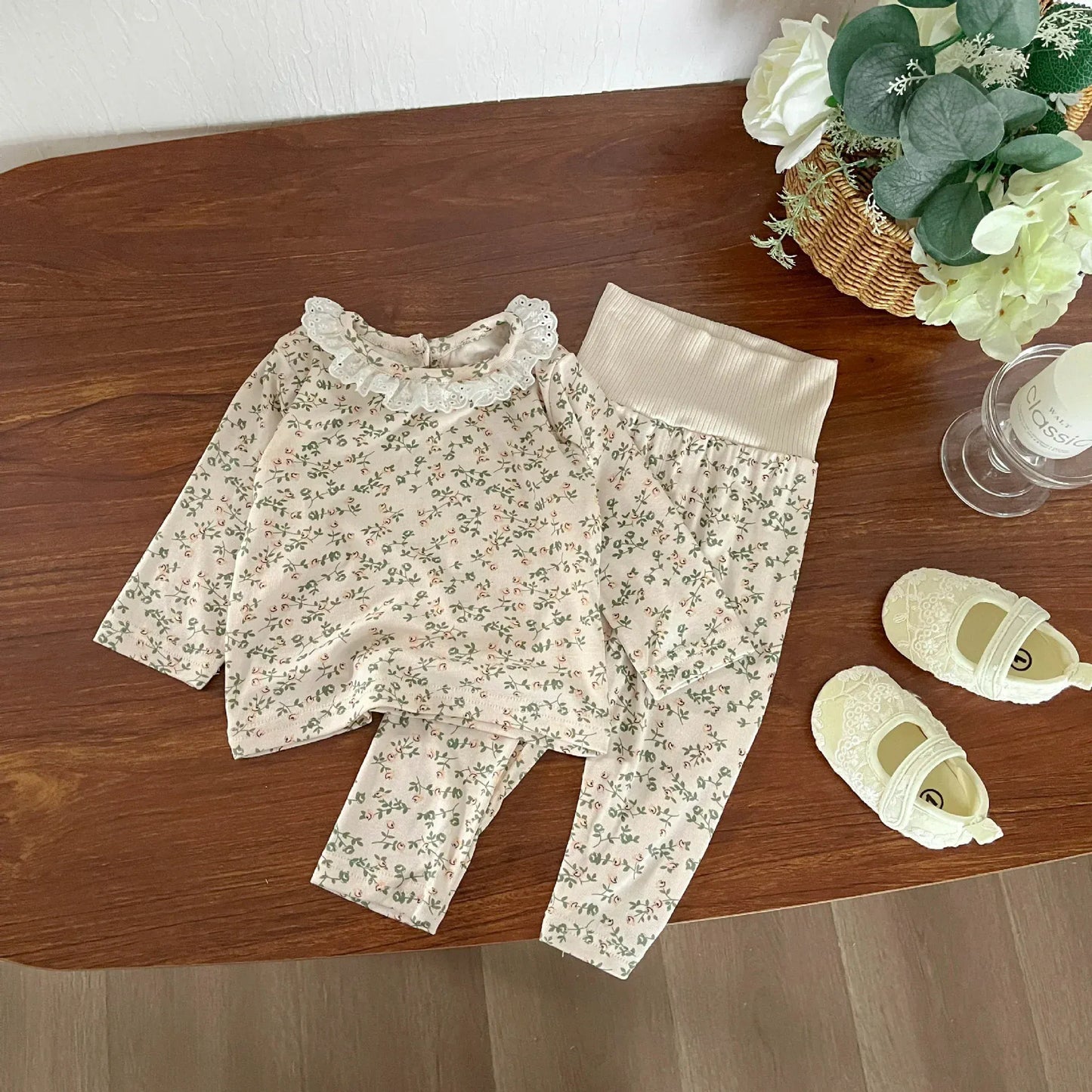 長袖パジャマ White / 6M  66CM ベビーセットアップ 2点セット 長袖パジャマセット フラワープリント長袖Tシャツ+ハイウェストパンツ【mh0008616】