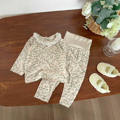 長袖パジャマ White / 6M  66CM ベビーセットアップ 2点セット 長袖パジャマセット フラワープリント長袖Tシャツ+ハイウェストパンツ【mh0008616】