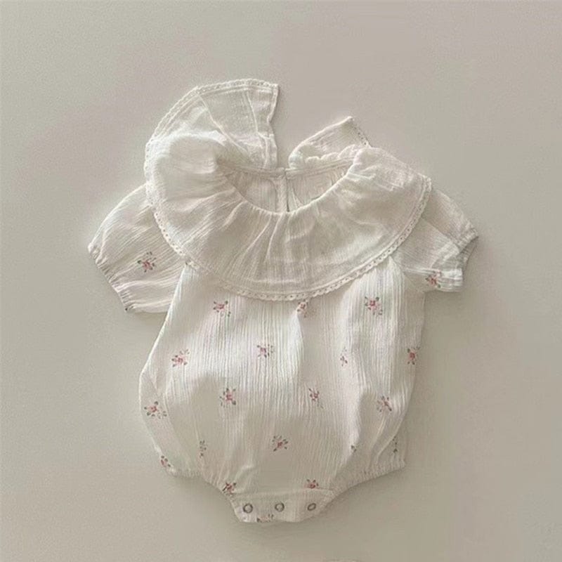 半袖ロンパース White / 6M/66cm ベビー フラワー 小花柄 チェック フリルカラー 半袖 ロンパース ホワイト イエローピンク ガールズ【mh0002041】